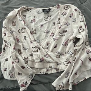Cat Print Wrap Blouse